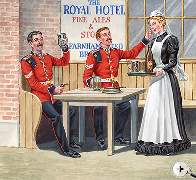 Corporals "chatting up" the barmaid at The Royal Hotel. c1900