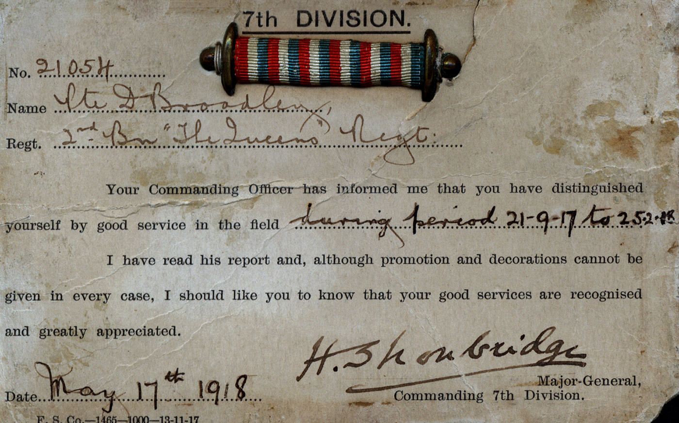 21054 Pte D Broadley 1917 distinguished service card