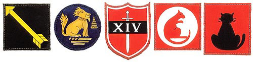 Formation signs worn by the battalions of the Regiment during the Second World War.
