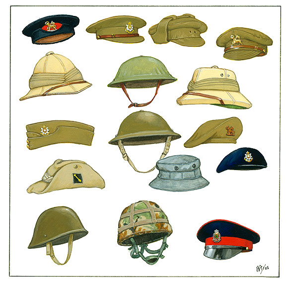 : Brodrick cap 1902, Khaki service cap 1906, Trench cap 1914 (Gor’ Blimey)