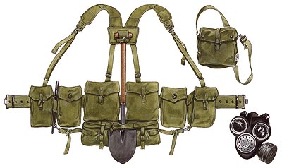 1958 pattern combat equipment with anti gas light respirator and case.