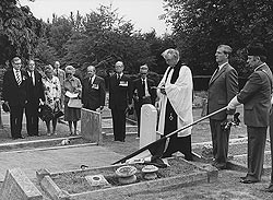 The dedication of the headstone of Sgt. J Harvey, Redstone Cemetery, Redhill, 2nd September 1984. The Revd. D Walker 